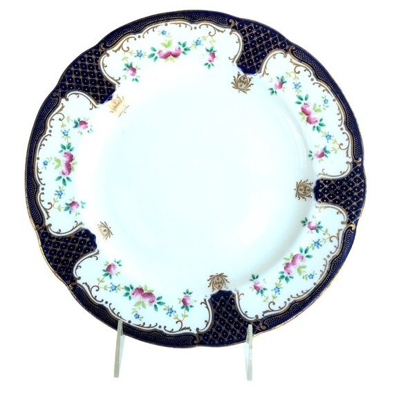 Antique Wedgwood Plates Richard Briggs 2 Hand Painted Cobalt Blue Floral Gilt - Picture 10 of 14